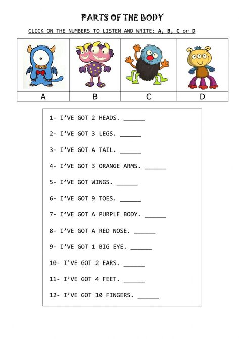 Body Parts Worksheet For Grade 1, Parts Of The Body Worksheet, Monster Worksheet, Body Parts Worksheet, Body Worksheet, Primary School Art, Baby Sleep Schedule, Listening Comprehension, Parts Of The Body