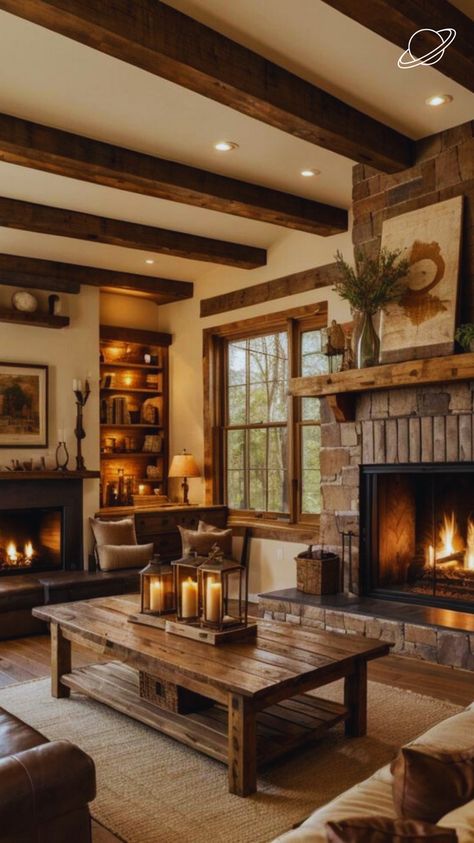 Rustic Wood Home Interiors, Rustic Brown Living Room Ideas, Country Living Room Ideas Rustic, Vintage Cabin Decor Living Room, Warm Vintage Living Room, Rustic Cabin Living Room Ideas, Cozy Cabin Decor Living Room, Earthy Decor Living Room, Small Rustic Living Room Ideas