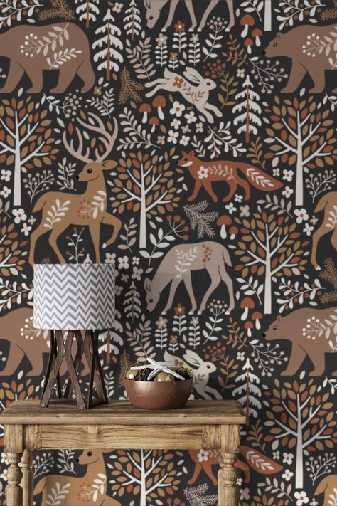 Tree Wallpaper Brown, Cute Forest Creatures, Cabin Wallpaper, Wallpaper Tree, Wallpaper Scandinavian, Wallpaper Forest, Woodland Wallpaper, Look Wallpaper, Scandinavian Wallpaper