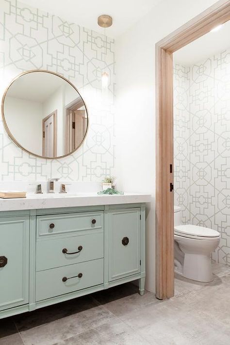 Nothing says quaint quite like a mint, white and gold tones in a cozy contemporary bathroom design. Mint Green Bathrooms, Mint Bathroom, Cottage Home Interior, Contemporary Entryway, Green Vanity, Contemporary Bathroom Designs, Cottage Home, Gothic Home, Rustic Contemporary