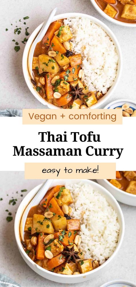 This tofu Massaman curry features pan-fried tofu, carrots, and potato cubes cooked in an aromatic, rich, and spicy sauce. Quick and easy to make, this vegan Massaman curry makes the perfect weeknight dinner! Vegan Massaman Curry, Tofu Potato, Massaman Curry Recipe, Thai Tofu, Recipe Tofu, Massaman Curry Paste, Potato Cubes, Pan Fried Tofu, Vegan Asian Recipes