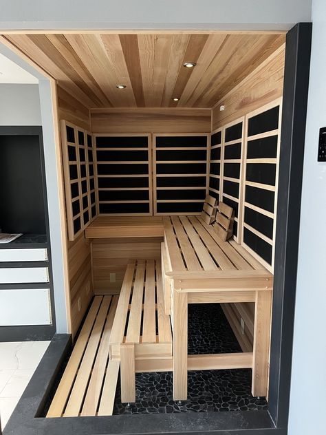 We built this custom infrared cedar into one of our clients master bathroom spaces. The sauna was constructed using Clear Western Red Cedar, with interior ceiling lighting and smart sauna controls that allow the owner to control their sauna using the app. 

Photos were taken before the installation of an all glass front. Infrared Sauna Room, Luxury Home Spa, Bathroom Sauna, App Photos, Sauna Kits, Electric Sauna Heater, Sauna Heaters, Sauna Benefits, Interior Ceiling