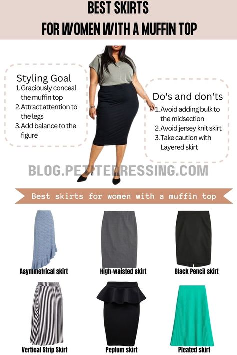 The Complete Skirt Guide for Women With A Muffin Top Skirt Guide, Low Waisted Skirt, Jersey Knit Skirt, Fashion For Petite Women, Singlet Tops, Peplum Skirt, Black Pencil Skirt, Pencil Skirt Black, Asymmetrical Skirt