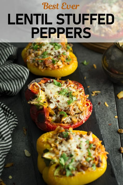 Lentil And Vegetable Recipes, Stuffed Peppers Rice, Leftover Lentil Recipes, Meatless Stuffed Bell Peppers, Lentil Vegetarian Recipes, Rice Stuffed Peppers, Filled Peppers, Vegetable Stuffed Peppers, Lentils For Breakfast