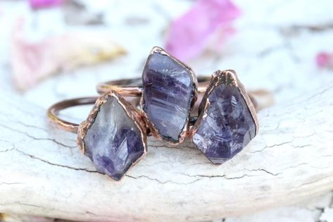 Raw Amethyst Ring, Raw Amethyst Crystal, Blue Aquamarine Ring, Copper Crystal, Raw Crystal Ring, Amethyst Ring Engagement, Raw Stone Ring, Raw Crystals, Bohemian Ring