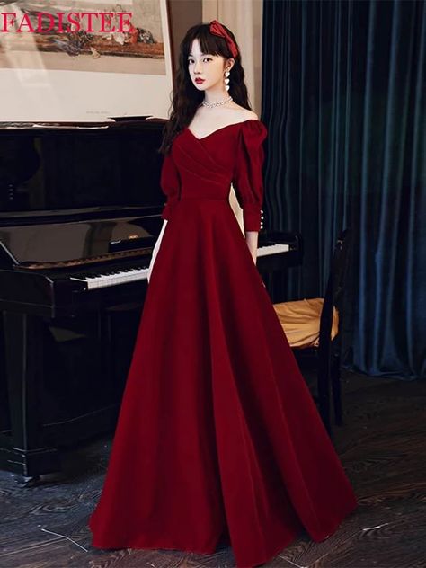 Look what I found on AliExpress Long Dress Korean, Red Corset Dress, Evening Party Gowns, Cottagecore Fashion, Korean Fashion Dress, Korean Dress, Evening Dress Fashion, Long Sleeve Gown, Red Gowns