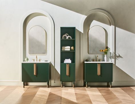 Get inspired and learn all about the Art Deco style of interior design. Discover how to create a timeless aesthetic with this classic style. Toilet Room Design, Sage Bathroom, Luxury Bathroom Vanities, Decorative Bathroom Mirrors, Art Deco Style Interior, Bathroom Linen Closet, 48" Vanity, Art Deco House, 30 Vanity