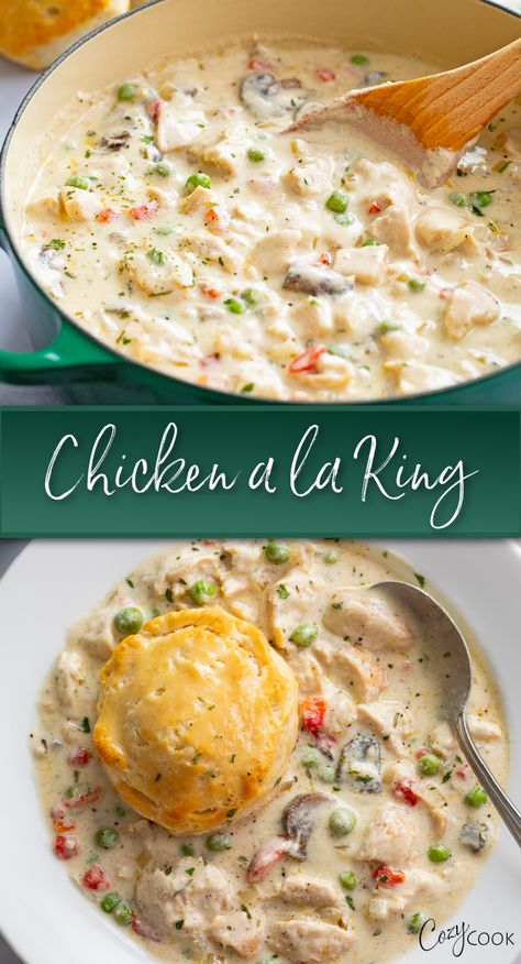 chicken a la king with chicken in a mushroom cream sauce with pimentos and peas. Topped with a biscuit Instant Pot Chicken Ala King Recipes, Chicken Ala King Recipes Crock Pots, Chicken Ala King Recipes, February Meals, Chicken Ala King, Chicken A La King Recipes, Ala King, Continental Cuisine, Rice Egg