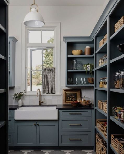 Design by Susan Hill #bluecabinets #greencabinets #tarragon #sherwinwilliams Traditional Style Kitchen, Cabinets Painted, 70s House, Black Rooms, Stock Cabinets, Laundry Bathroom, Blue Cabinets, Green Cabinets, Blue Kitchens