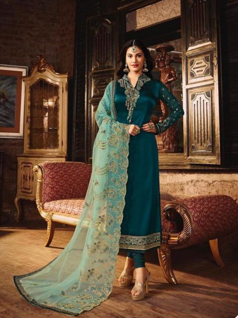 Buy Designer Salwar Suits From Siya Fashion Fabulous Teal Satin Georgette Party Wear Salwar Suit. IndiaatSiyaFashion.#siyafashion#designersuits#fancysuits#Satingeorgette#tealsalwarsuits Diwali Dresses, Satin Suit, Teal Green Color, Churidar Suits, Salwar Suits Online, Designer Salwar Suits, Salwar Kameez Designs, Ethnic Dress, Pretty Clothes