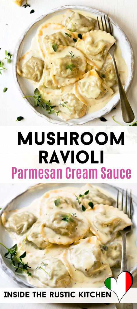 Homemade Mushroom Ravioli, Homemade Raviolis, Garlic Parmesan Cream Sauce, Mushroom Pate, Ravioli Recipes, Italian Sauces, Ravioli Sauce, Cream Sauces, Fresh Pasta Recipes