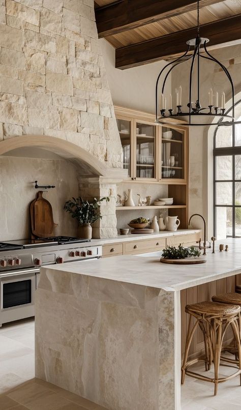 White French Kitchen Ideas, Rustic Country French Decor, Marble And Wood Island, Patina Style French Country, Rustic French Country Kitchen Design, Must Haves For New House Build, Two Different Countertops In One Kitchen, House Remodeling Ideas Kitchen, Natural Subway Tile