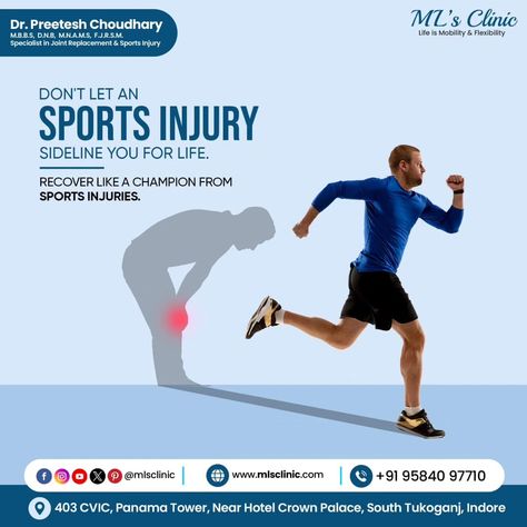 Sports injuries are commonly caused by overuse, direct impact, or the application of force that is greater than the body part can structurally withstand. Common injuries include bruises, sprains, strains, joint injuries and nose bleeds.

For more information about Sports Injury please contact:
Dr. Preetesh Choudhary
+91-95840 97710

#mlsclinic #indorecity #sportsinjury #ligamenttear #anklesprain #aclinjury #kneepain #drpreeteshchoudhary #excercise #orthopedics

[Arthroscopy, Sports Medicine] Ligament Tear, Nose Bleeds, Sprained Ankle, Food Graphic Design, Healthy Joints, Sports Injury, Sports Medicine, Knee Pain, Greater Than