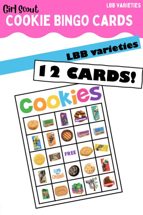 LBB variety Girl Scout Cookie BINGO 12 BINGO cards and calling cards. Instant download! Girl Scout Brownie Badges, Cadette Badges, Cookie Booth, Brownie Badges, Girl Scout Cookie Sales, Gs Cookies, Girl Scouts Cadettes, Brownie Girl, Cookie Games