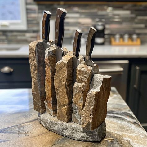 Introducing the “StoneTusk” Knife Block, a captivating blend of natural stone elements, inspired by the raw beauty of earth’s formations. With its unique textures and earthy hues, this functional art piece securely holds your knives while adding rustic charm to your kitchen. Conceptual AI Art Follow @ecosapiens for more! Raw Beauty, Raw Stone, Knife Block, Functional Art, Rustic Charm, Store Design, Metal Working, Natural Stones, Art Pieces