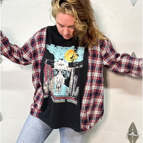 This Is A One Of A Kind Upcycled Graphic Flannel With Dale Brisby Western Graphic Made By Me! All Seams Are Completed With A Serger - This Provides Excellent Hold And Wear Over Time. One Of A Kind. This Item Won’t Be Made The Exact Same Again. You Will Be The Only Person With This Unique Fashion Piece. Sustainable No Waste Fashion, All Items Were Thrifted Washed And Prepped For Upcycle. This Purchase Supports A Cleaner Healthier Environment. Creates New Life To Items That Would Have Ended Up In Unique Graphic Tees, Adidas Upcycle, Upcycle Flannel Shirt, Upcycled Flannel Shirts, Thrift Upcycle Clothes, Upcycled Linens, Remaking Clothes, Sweatshirt Refashion Remake, Flannel Upcycle