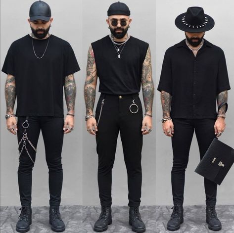 Men’s All Black Club Outfit, Hipster Outfits Hombre, All Black Outfit Men Summer, Men All Black, Man All Black Outfit, Black Mens Clothing Styles Streetwear, Men Rock Style Outfit, All Black Mens Outfits Casual, Goth Summer Outfits Men