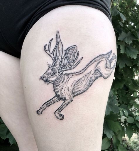 Jumping jackalope! Loved doing this one, thanks again! . . . . . #woodcuttattoo #engravingtattoo #jackalopetattoo #jackalope #artesobscurae… | Instagram Tea Tattoo, Woodcut Tattoo, Celestial Tattoo, Medieval Tattoo, Engraving Tattoo, Bunny Tattoos, Western Tattoos, Frog Tattoos, Rabbit Tattoos