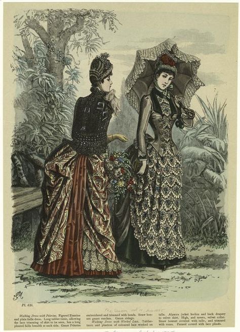 1885 Walking Dress With Pelerine ; Walking Dress With Worked Lace. From New York Public Library Digital Collections. 1885 Fashion, 1880 Fashion, Walking Dress, Victorian Era Fashion, 1880s Fashion, Era Fashion, Victorian Ladies, 1800s Fashion, Victorian Costume