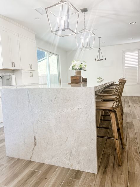 Quartzite island Aravalli Quartzite, Taupe Kitchen Island, Kitchen Island Coastal, Quartzite Island, Taupe Kitchen, Arizona Tile, White Kitchen, New Kitchen, Kitchen Island