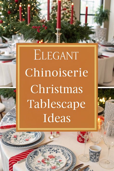 Choose a burlap or plaid table runner with simple white or cream dinnerware. Place wooden chargers under each setting and use mismatched glassware for a charming, rustic touch. Chinoiserie Christmas Table, Chinoiserie Christmas Tablescape, Blue And White Christmas Tablescapes, White Christmas Tablescapes, Chinoiserie Tablescape, Mismatched Glassware, Chinoiserie Christmas Decor, Blue And White Tablescapes, Christmas Dining Table Decorations