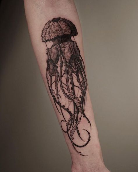 Discover the art of transformation with jellyfish tattoos in our article. Explore it and find 50+ stylish designs with meanings explained. Skeleton Jellyfish Tattoo, Scary Jellyfish Tattoo, Jellyfish Skull Tattoo, Jelly Fish Hand Tattoo, Scary Ocean Tattoo, Jellyfish Calf Tattoo, Creepy Ocean Tattoo, Dark Jellyfish Tattoo, Skeleton Jellyfish