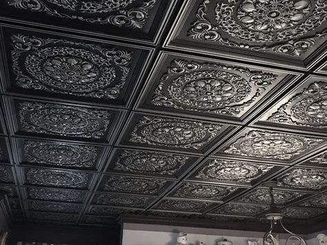 Brass Ceiling Tiles, Victorian Ceiling Tiles, Black Ceiling Tiles Commercial, Victorian Tin Ceiling, Tim Ceiling Tiles, Speakeasy Ceiling Ideas, Plastic Ceiling Design, Gothic Ceiling Design, Black Tile Ceiling