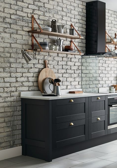 Dark Kitchens, Island Colors, Charcoal Kitchen, Howdens Kitchens, Kitchen Revamp, Kitchen Diner Extension, Bungalow Kitchen, Popular Interior Design, Brick Kitchen