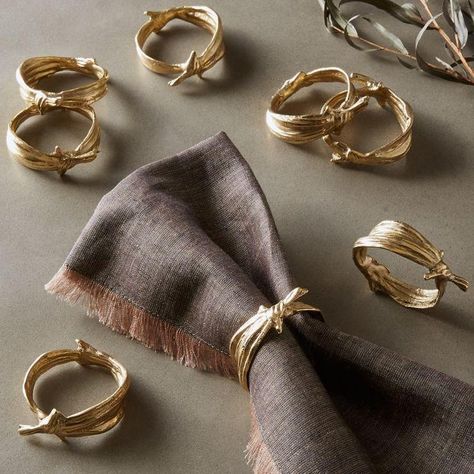 Sylvie Gold Tied Ribbons Napkin Rings Set Cb2 Kitchen, Modern Napkin Rings, Navy Blue Napkins, Gold Napkin Rings, Yellow Napkins, Gingham Napkins, Black Napkins, White Linen Napkins, Beaded Mirror