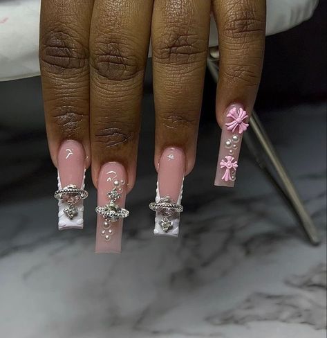 Cute Blinged Out Nails, Pretty Birthday Nails Long, Extra Acrylics, Prom Nail Ideas For Black Dress, Extra Acrylic Nails, Butterfly Charm Nails, Cute Freestyle Nails, Short Bling Nails, Nail Designs With Gems