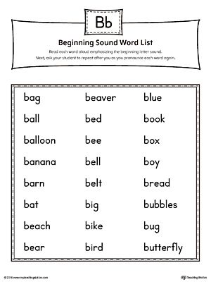 **FREE** Letter B Beginning Sound Word List Worksheet.Use this printable word list to introduce to your child different words that begin with the sound of the letter B. B Words For Preschool, B Sound Worksheet, B Words List, Letter B Activities, Kids School Papers, Letter B Worksheets, 3 Letter Words, Cvc Words Kindergarten, Letter Recognition Activities