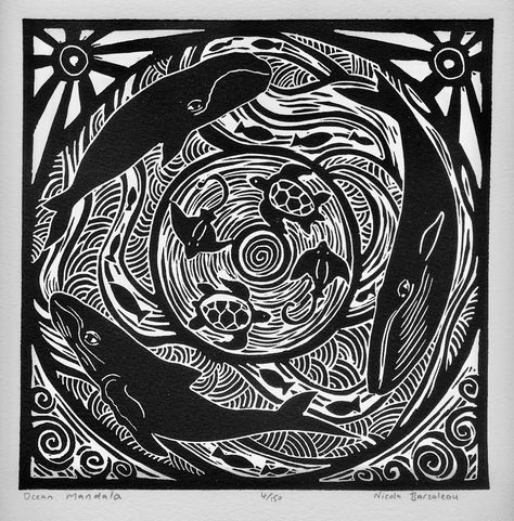 Fish Lino Print, Ocean Mandala, Linocut Inspiration, Mandala Project, Bird Silhouette Art, Woodcut Printing, Fish Prints, Prehistoric Dinosaurs, Pottery Patterns