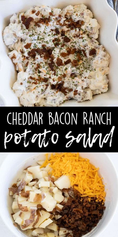 Loaded cheddar ranch potato salad made with red skin potatoes is a great addition to any main course. Easy to make ahead of time! With creamy ranch dressing and bacon, it will please any family. Loaded cheddar ranch potato salad will become a common side dish to your table. Ranch Dressing Packet, Bacon Ranch Potato Salad, Loaded Potato Salad, Ranch Potato Salad, Bacon Ranch Potatoes, Creamy Ranch Dressing, Red Skin Potatoes, Creamy Ranch, Potato Salad Recipe