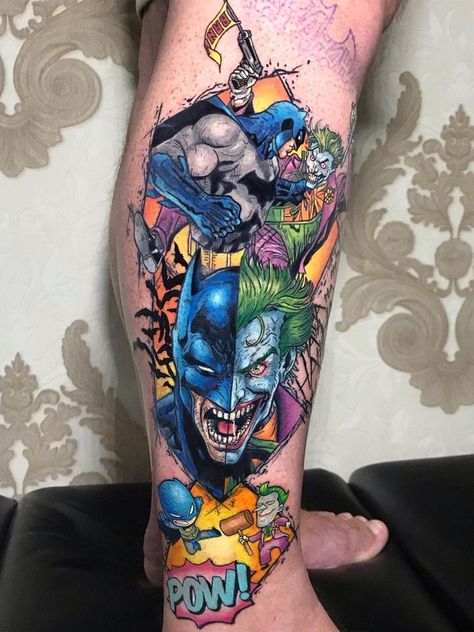 Batman Villain Tattoo, Batman Vs Joker Tattoo, Batman And Joker Tattoo, Batman Tattoo For Men, Marvel Tattoo Design, Dc Tattoo Ideas, Cartoon Tattoos For Men, Batman Tattoo Design, Batman Tattoo Ideas