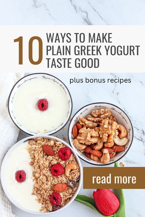 A big bowl of yogurt with berries and nuts next to a small bowl of nuts and a small bowl of yogurt. Things To Add To Plain Greek Yogurt, Things To Put In Greek Yogurt, Flavor Plain Greek Yogurt, How To Flavor Greek Yogurt, Greek Yogurt Mix Ins Healthy, What To Put In Greek Yogurt, Plain Greek Yogurt Breakfast Ideas, Things To Put In Yogurt, What To Add To Greek Yogurt