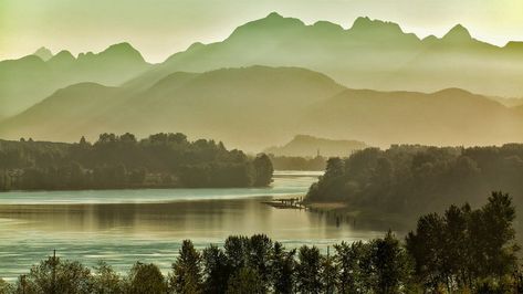 Fraser River east of Vancouver, British Columbia, Canada, with the Golden Ears mountains Mountains Photo, Fraser River, Mountain Photos, River Bank, Vancouver British Columbia, Columbia River, British Columbia Canada, Pacific Northwest, Rocky Mountains