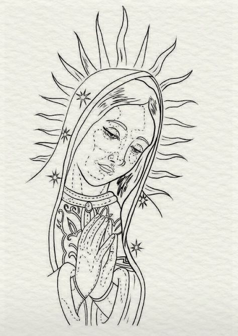 Virgin Mary Tattoo Stencil, Virgen Mary Tattoo, Virgin Mary Tattoo, Mary Tattoo, Tattoo Outline Drawing, Chicano Drawings, Outline Drawing, Aztec Art, Easy Drawings Sketches