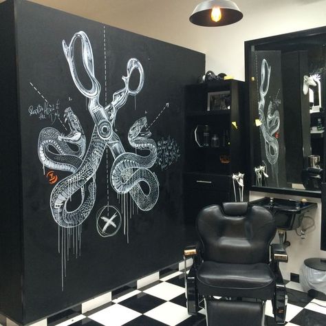 Black Barbershop Design, Black Tattoo Studio, Barber Shop Mural, Barber Shop Decor Ideas Wall Art, Barber Shop Art, Barbershop Art, Modern Barber Shop, Barbershop Design Interior, Tattoo Shop Decor