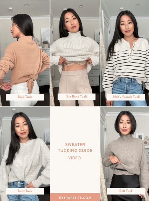 how to tuck a sweater video guide Cable Knit Sweater Tuck, Office Outfits Women Sweater, Big Sweater Hacks, Too Big Sweater Hack, Sweater Too Big Hacks, Sweater Office Outfits, Puff Sleeve Sweater Outfit, Petite Office Outfits, Sweater Tuck Hack