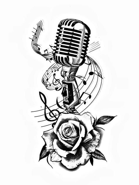 Old School Microphone Tattoo Design, Music Tattoo Sleeves Woman, Memorial Music Tattoo, Music Microphone Tattoo, Music Tattoo Designs For Women Unique, Mic Tattoo Design, Music Tattoos For Women Beautiful, Music Tattoo Designs For Women, Tattoos For Music Lovers Unique