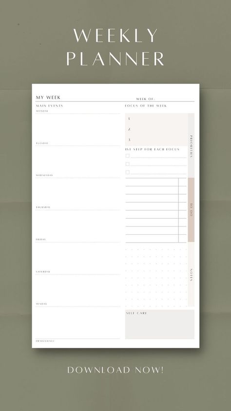 This weekly planner consists with main events column for each day of week. On the right side you have weekly focus, to do and notes sections. Cute Weekly Planner, Free Weekly Planner Templates, Planner Free Download, Weekly Focus, Blog Post Planner, Minimalist Weekly Planner, Minimalist Digital Planner, Weekly Planner Design, Simple Weekly Planner