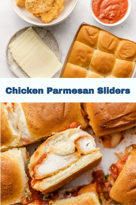 These chicken Parm sliders have layers of crispy chicken, melty mozzarella, flavorful marinara sauce, and are topped with a garlic butter spread. Chicken Parmesan Sliders Recipe, Chicken Parm Sliders, Easy Chicken Parm, Cheesy Chicken Parmesan, Parm Sliders, Buffalo Chicken Flatbread, Lemon Kale Salad, Parmesan Sliders, Ground Chicken Tacos