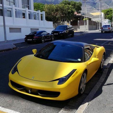 Black and (matte) yellow prancing horse in Cape Town |  via @daveblackers | #ExoticSpotSA #Zero2Turbo #SouthAfrica #Ferrari #458italia Yellow Ferrari, Prancing Horse, Ferrari 458 Italia, Ferrari 458, Fast Cars, Exotic Cars, Car Ins, Cape Town, Instagram Pictures