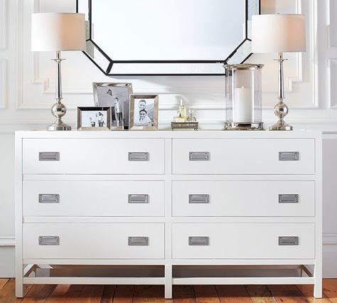 Love this white dresser with the sleek silver pulls. Bedroom Dresser With Tv, Nightstand Tables, Purple Wallpaper Bedroom, Cozy Contemporary, Dresser Nightstand, Dresser With Tv, Office Storage Furniture, Wide Dresser, New Bedroom