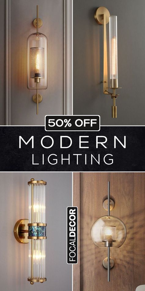 modern glass wall sconces on sale now Modern Rustic Home Decor, Modern Wall Lighting, Modern Rustic Home, Contemporary Retro, Modern Rustic Homes, Salon Suites, Bathroom Light Fixtures, Bath Remodel, Retro Modern