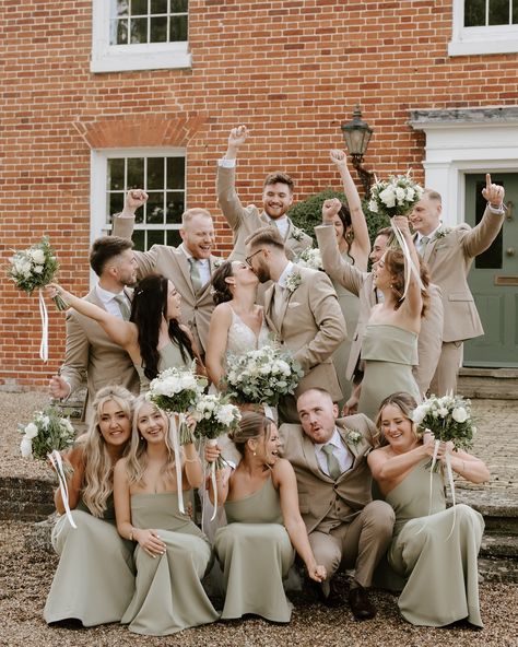 Tag your wedding party if this is your vibe 🎉🪩 #weddingparty #bridesmaid #weddingday2025 #bridetobe2025 #bridetobe2026 #weddingvibe #bethanysmithphotography #suffolkwedding Green And Champagne Wedding Party, Light Green Wedding Party, Tan And Green Wedding, Beige Green Wedding, Sage Green Bridal Party, Sage Green Wedding Party, Brown Tux, Green Wedding Party, Tan Wedding