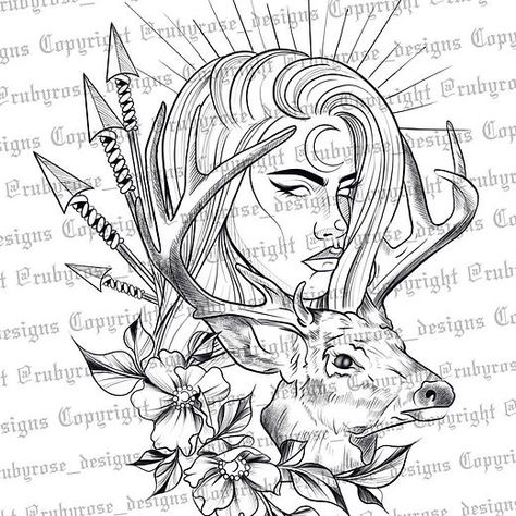 Ruby Rose Tattoo, Ruby Rose Designs, Autumn Goddess, Goddess Portrait, Greek Goddess Tattoo, Artemis Tattoo, Archer Tattoo, Artemis Goddess, Greek Mythology Tattoos