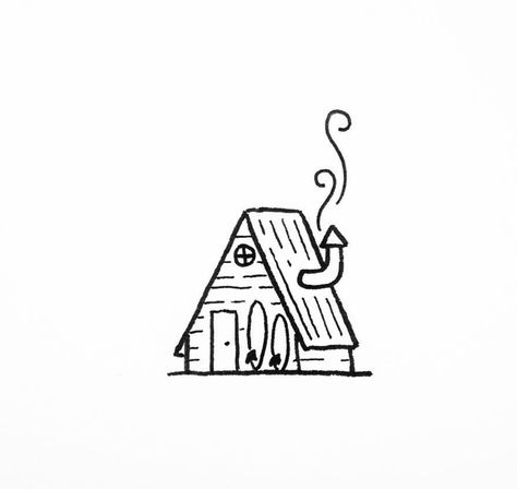 A Frame Cabin Drawing Simple, Simple Fantasy Art Ideas, Cottage Drawings Simple, House Doodles Simple, Cabin Drawing Simple, Easy Nature Sketches, Cabin Doodle, Easy Aesthetic Sketches, Fantasy Drawings Easy