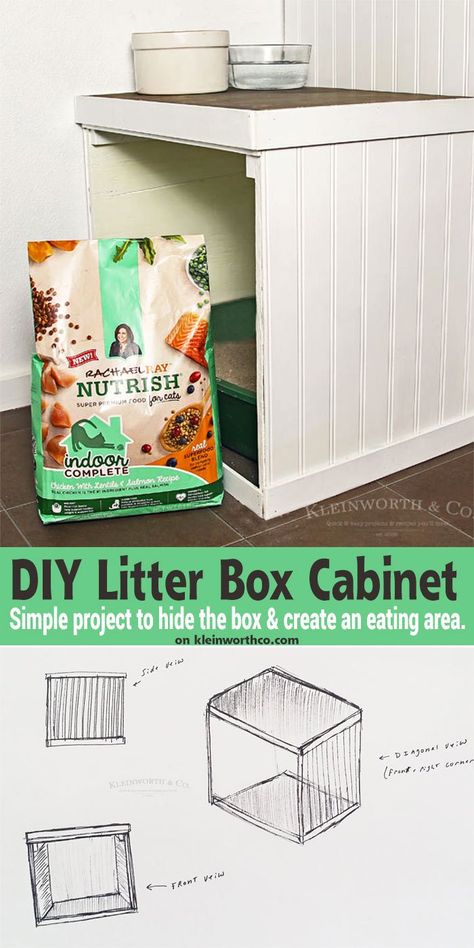 Easy to make DIY Litter Box Cabinet helps conceal the box & creates a space for food & water. If you need a hidden cat litter box, this is a great option. Litter Box Cabinet, Hidden Cat Litter, Diy Litter Box, Litter Robot, Box Cabinet, Litter Box Furniture, Litter Box Enclosure, Cats Diy Projects, Cat Litter Box Furniture