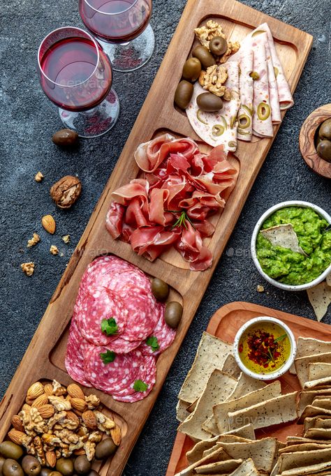 Antipasto Platter. Ham serrano, salami olive jamon dip sauces and red wine by lblinova. Antipasto Platter. Ham serrano, salami olive jamon dip sauces and red wine. Top view #Sponsored #salami, #olive, #jamon, #serrano Salami Presentation, Salami Photography, Ham Platter, Platter Photography, Dip Sauces, Antipasto Platter, Food Cafe, Tapas Recipes, Spanish Tapas